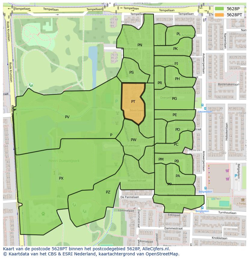 Afbeelding van het postcodegebied 5628 PT op de kaart.