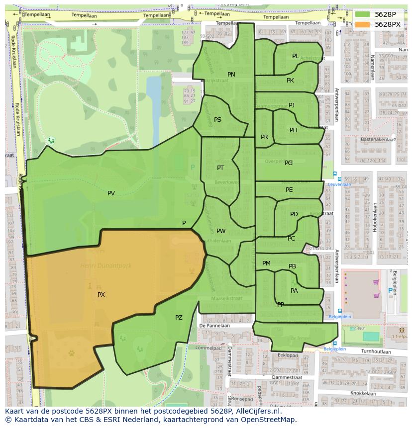 Afbeelding van het postcodegebied 5628 PX op de kaart.