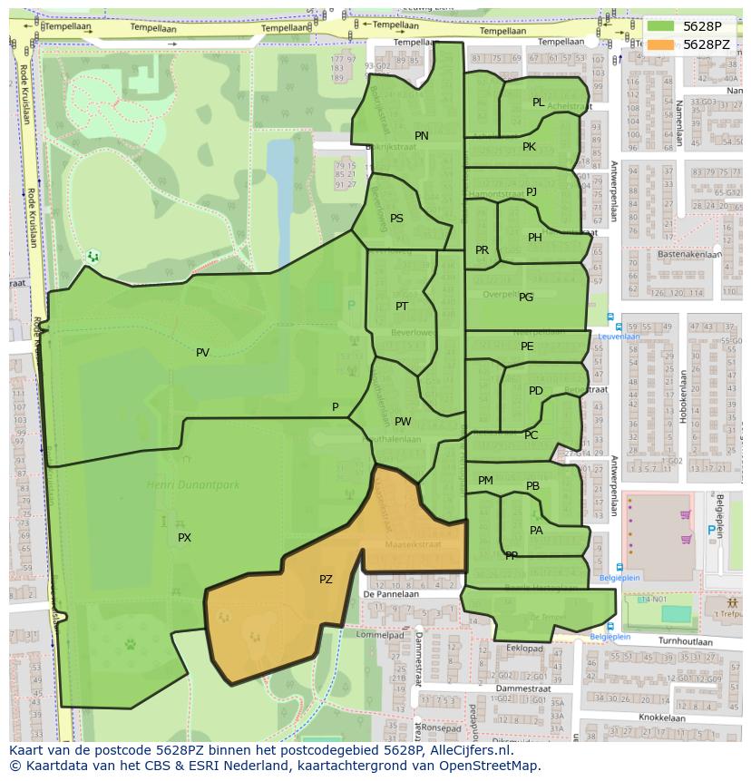 Afbeelding van het postcodegebied 5628 PZ op de kaart.