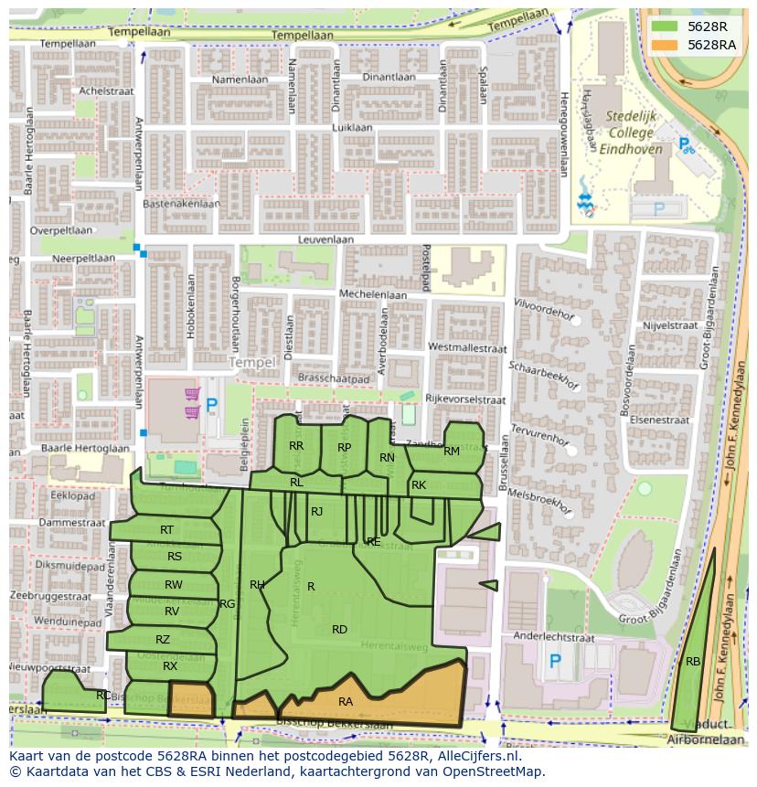 Afbeelding van het postcodegebied 5628 RA op de kaart.