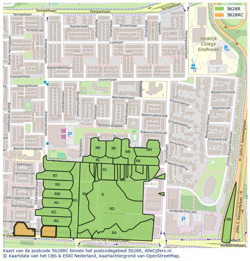 Afbeelding van het postcodegebied 5628 RC op de kaart.