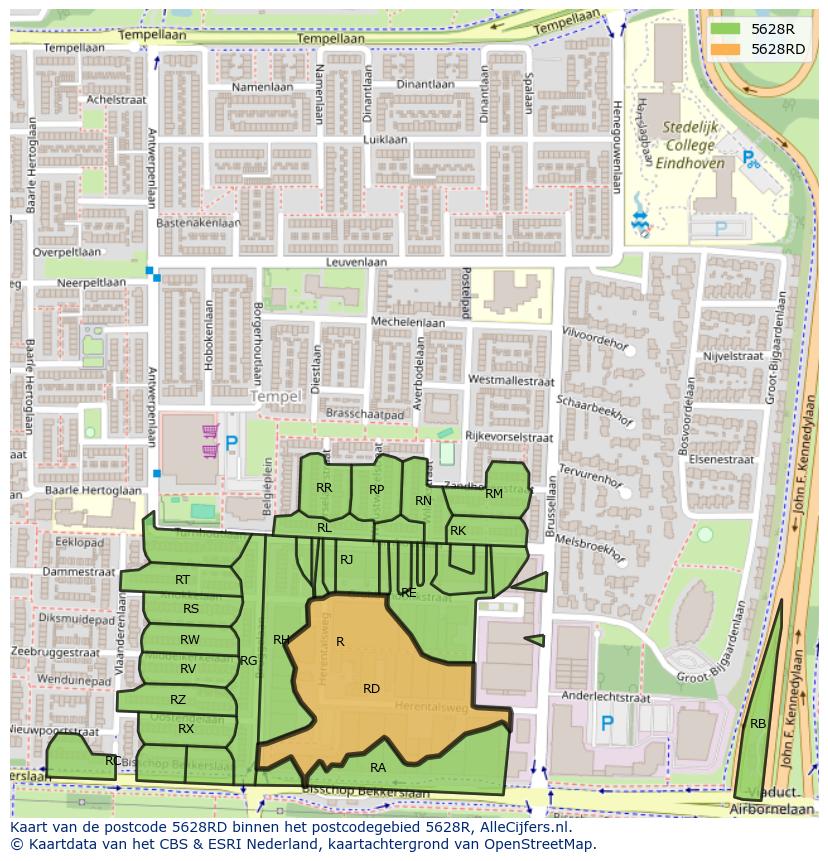 Afbeelding van het postcodegebied 5628 RD op de kaart.