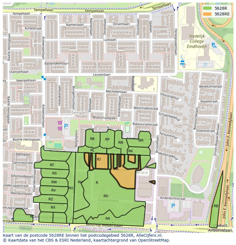Afbeelding van het postcodegebied 5628 RE op de kaart.