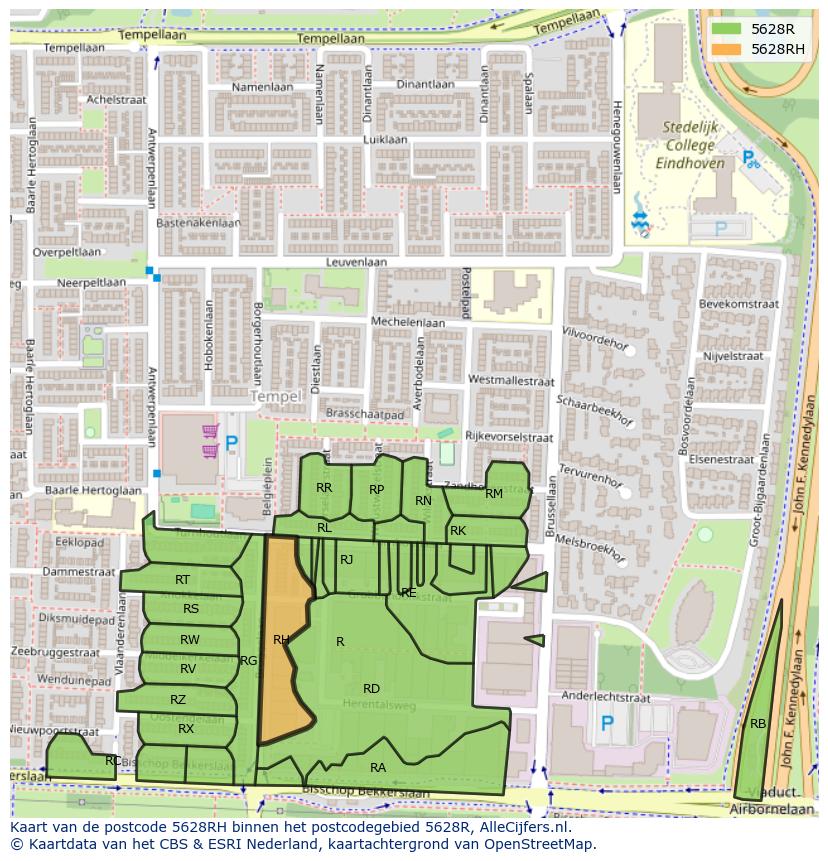 Afbeelding van het postcodegebied 5628 RH op de kaart.