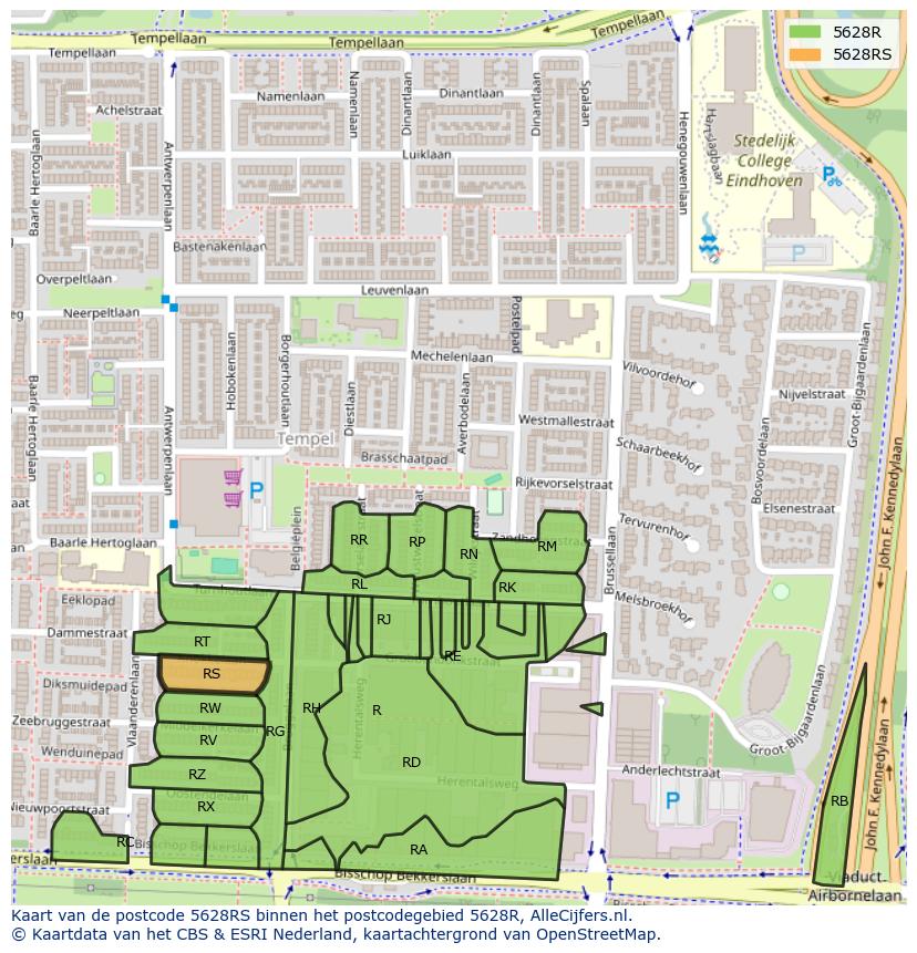 Afbeelding van het postcodegebied 5628 RS op de kaart.