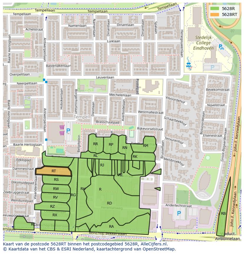 Afbeelding van het postcodegebied 5628 RT op de kaart.