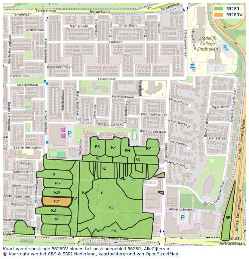 Afbeelding van het postcodegebied 5628 RV op de kaart.