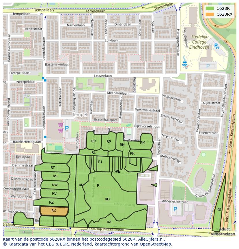 Afbeelding van het postcodegebied 5628 RX op de kaart.