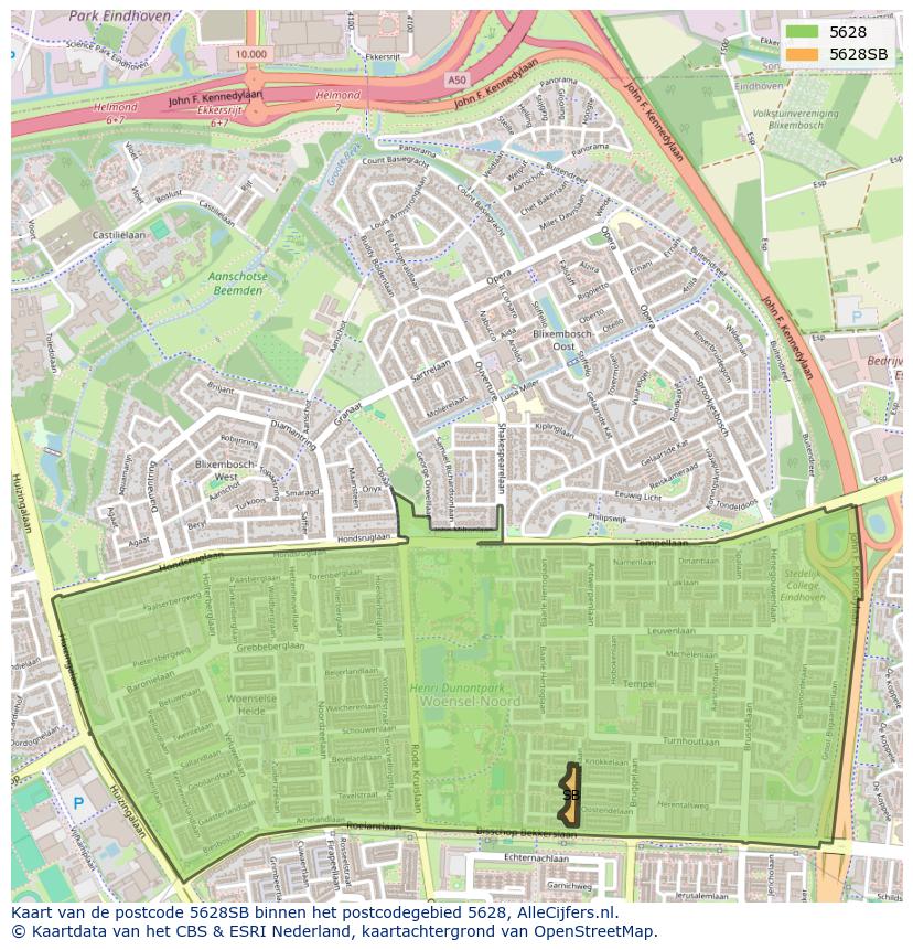 Afbeelding van het postcodegebied 5628 SB op de kaart.