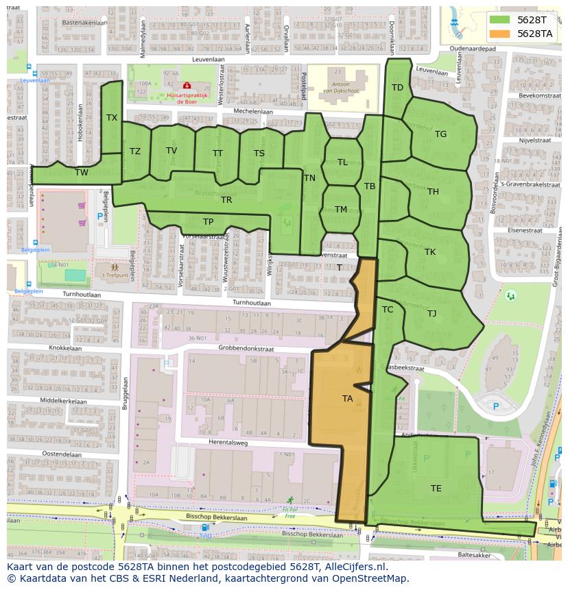 Afbeelding van het postcodegebied 5628 TA op de kaart.