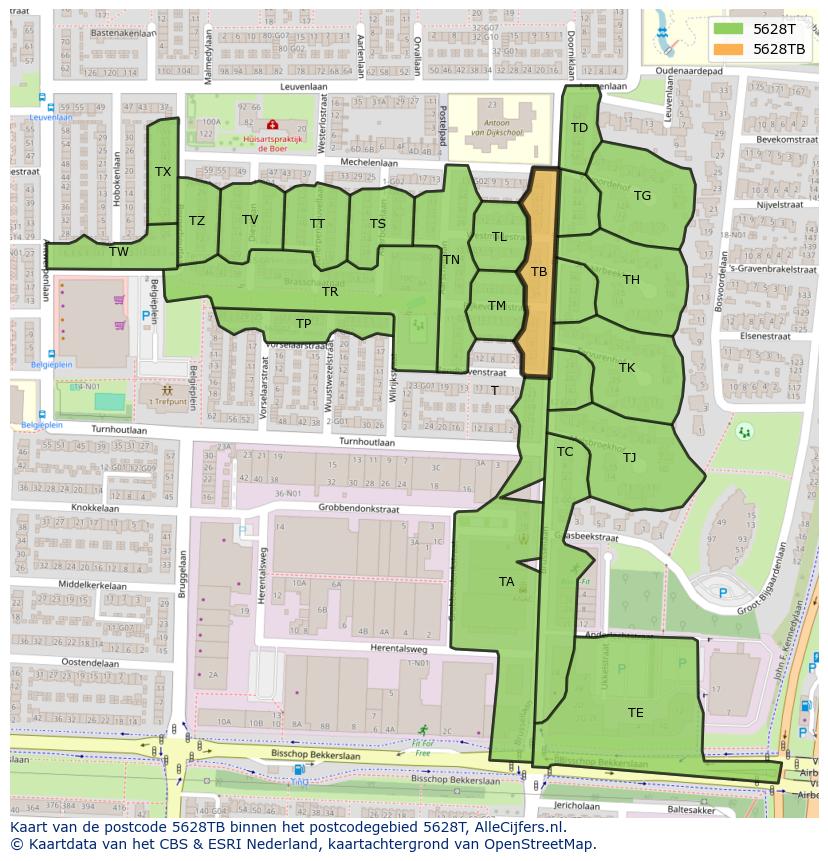Afbeelding van het postcodegebied 5628 TB op de kaart.