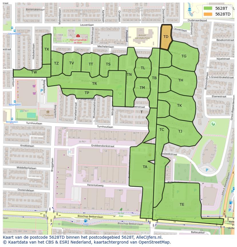 Afbeelding van het postcodegebied 5628 TD op de kaart.