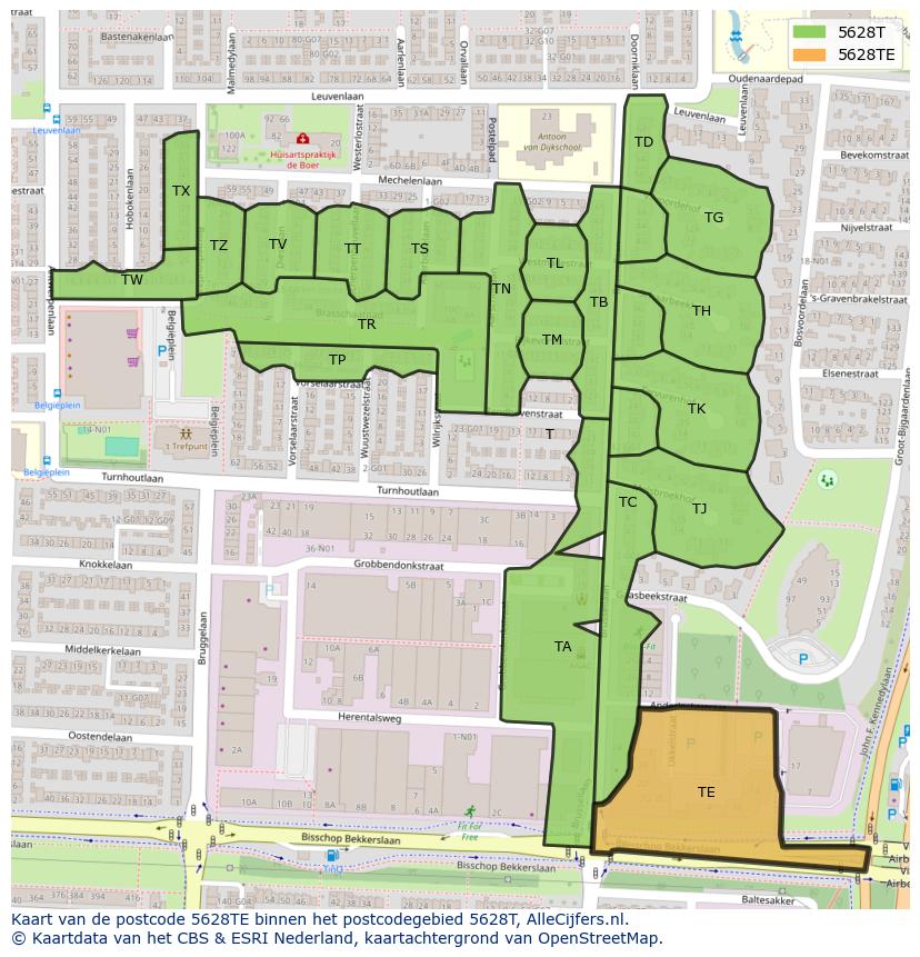 Afbeelding van het postcodegebied 5628 TE op de kaart.