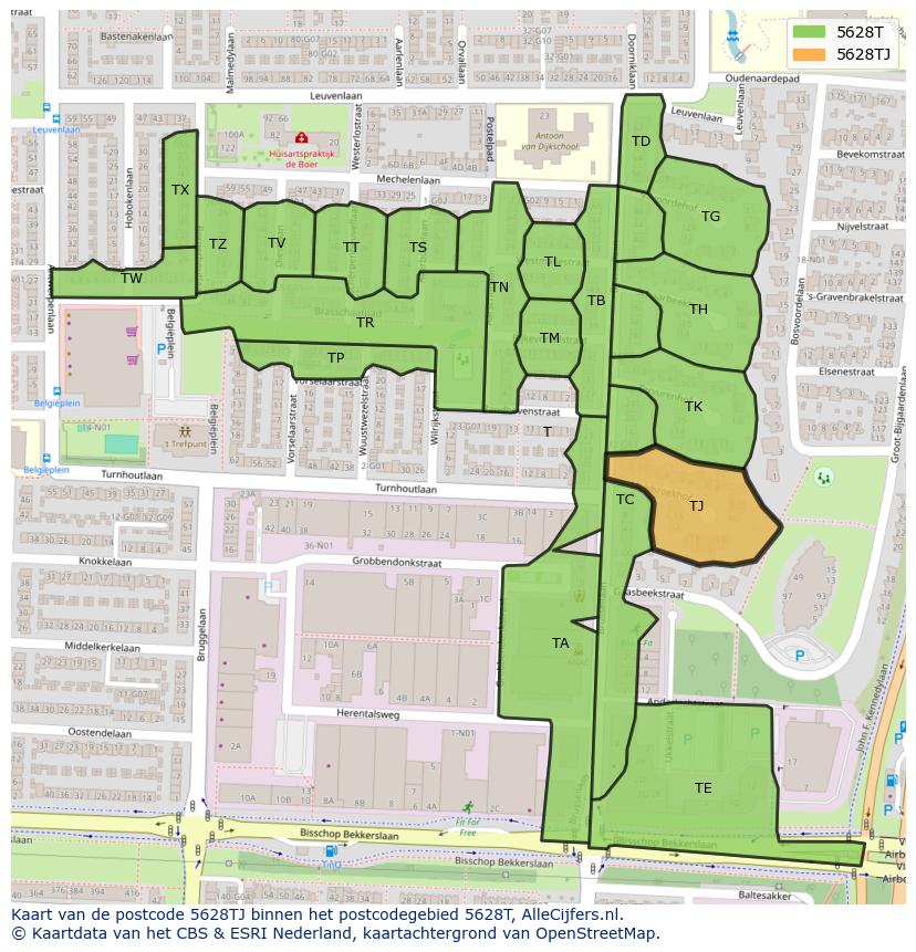 Afbeelding van het postcodegebied 5628 TJ op de kaart.