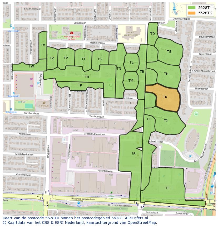 Afbeelding van het postcodegebied 5628 TK op de kaart.