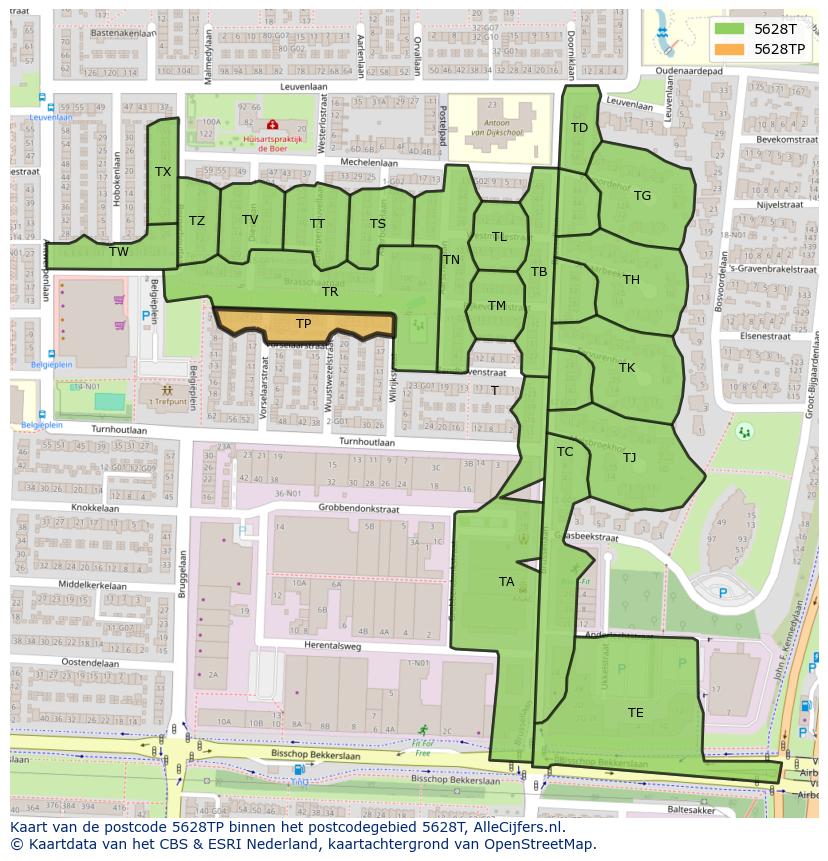 Afbeelding van het postcodegebied 5628 TP op de kaart.