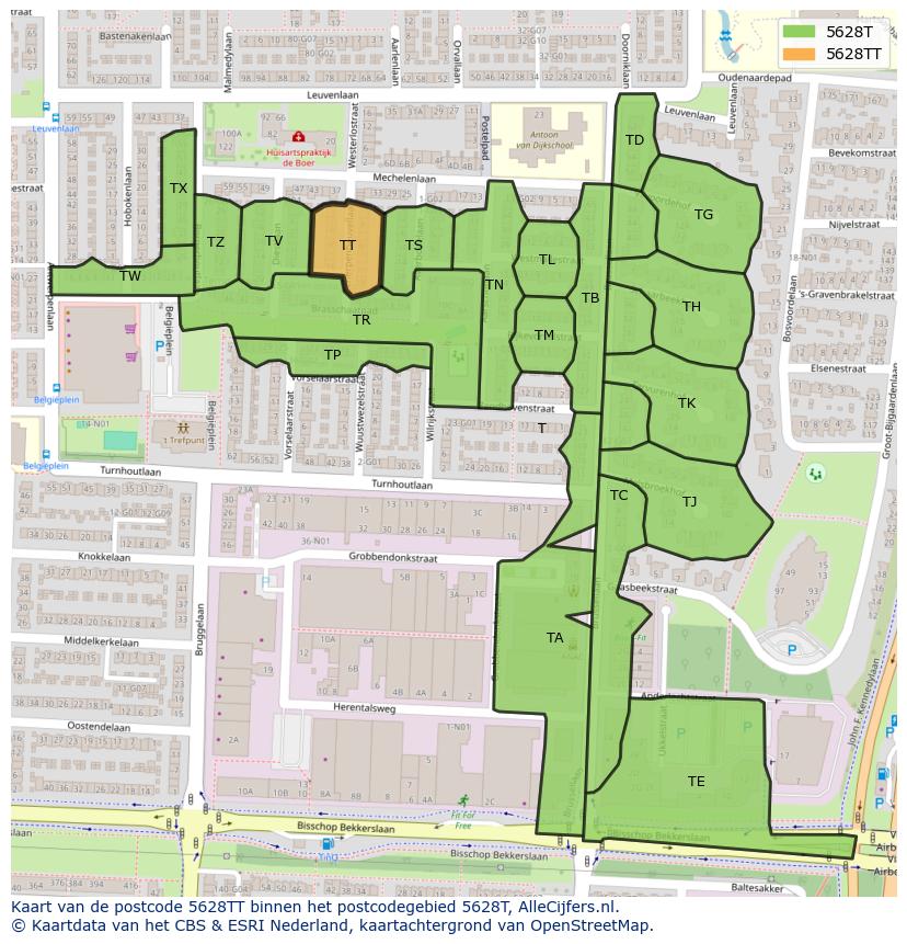 Afbeelding van het postcodegebied 5628 TT op de kaart.