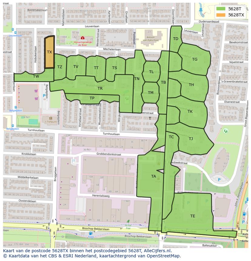 Afbeelding van het postcodegebied 5628 TX op de kaart.