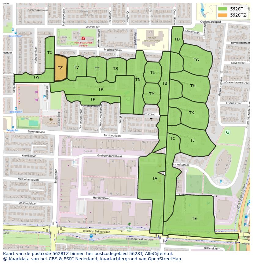 Afbeelding van het postcodegebied 5628 TZ op de kaart.