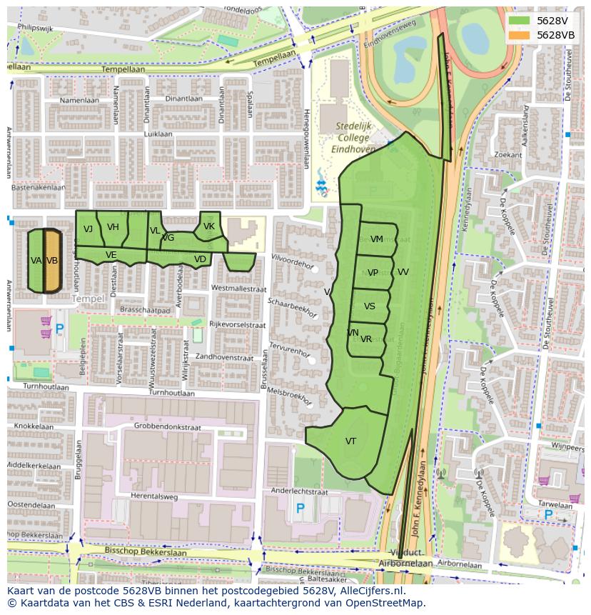 Afbeelding van het postcodegebied 5628 VB op de kaart.
