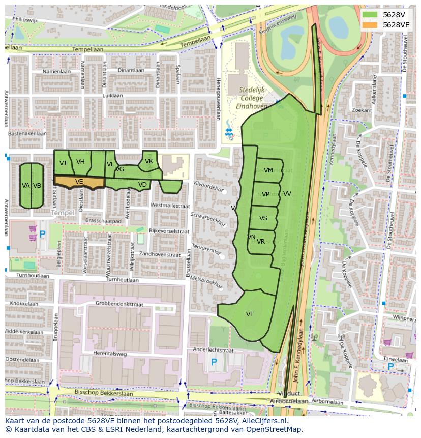 Afbeelding van het postcodegebied 5628 VE op de kaart.