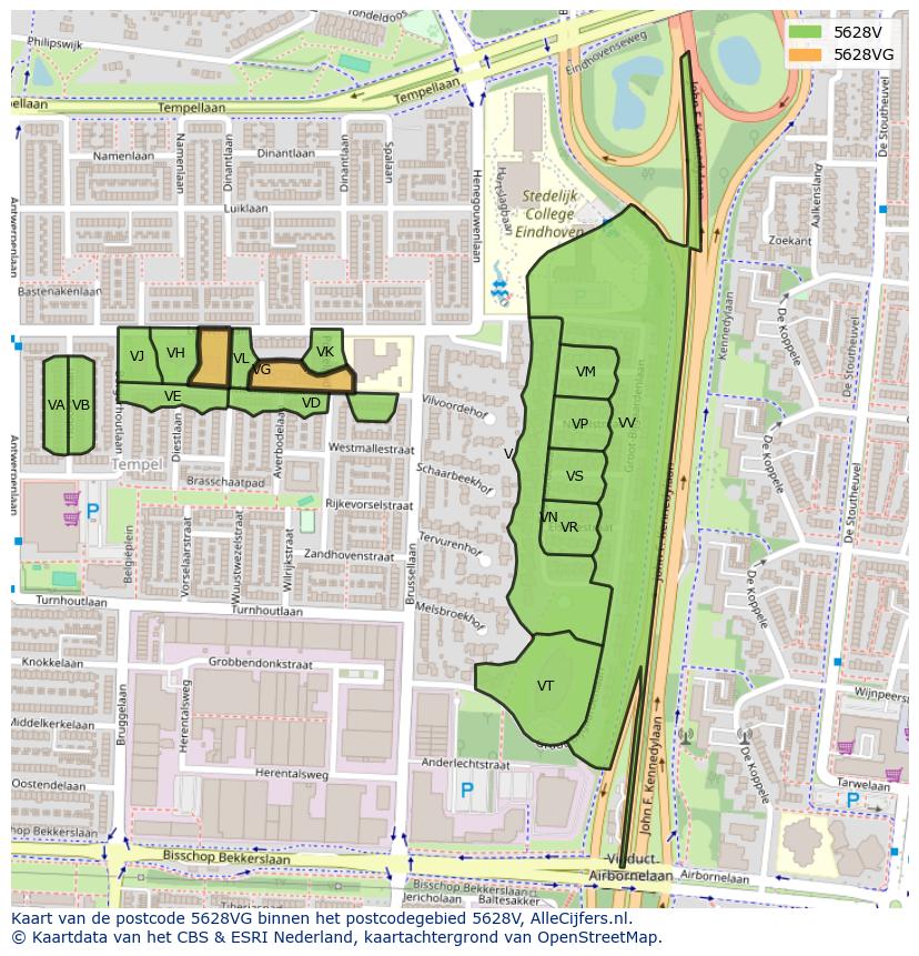 Afbeelding van het postcodegebied 5628 VG op de kaart.