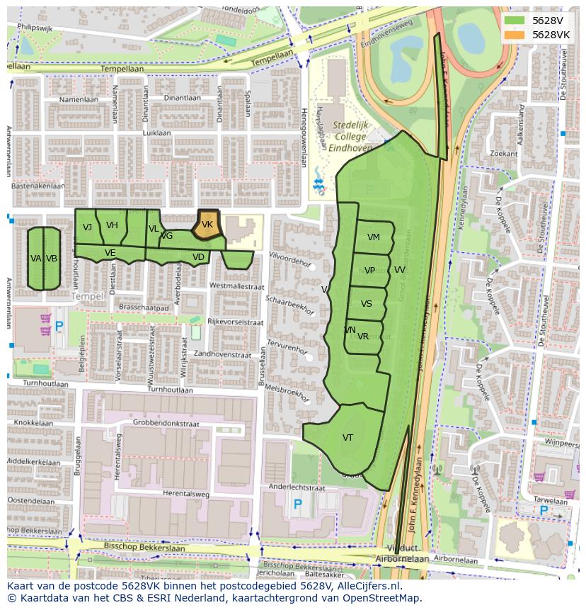 Afbeelding van het postcodegebied 5628 VK op de kaart.