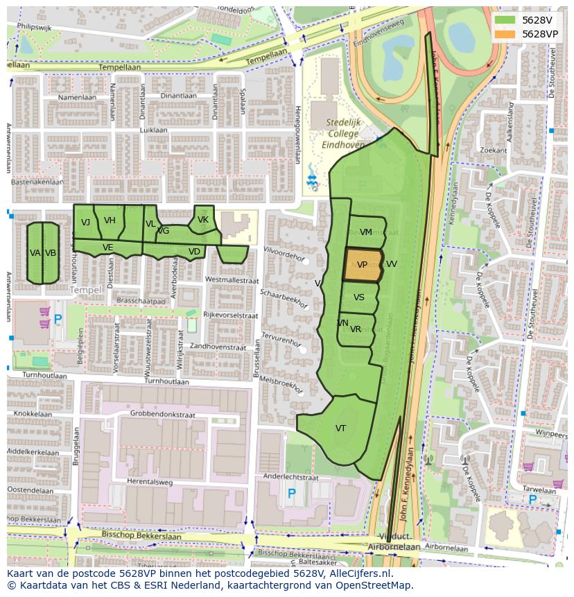 Afbeelding van het postcodegebied 5628 VP op de kaart.