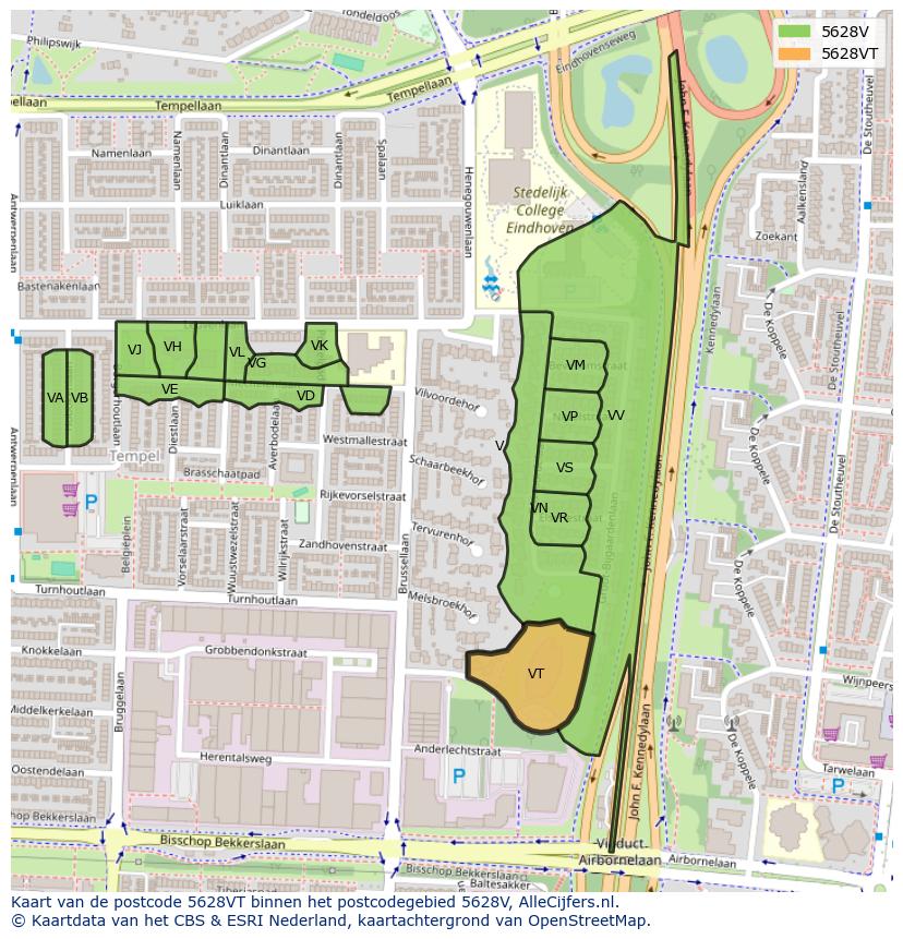 Afbeelding van het postcodegebied 5628 VT op de kaart.