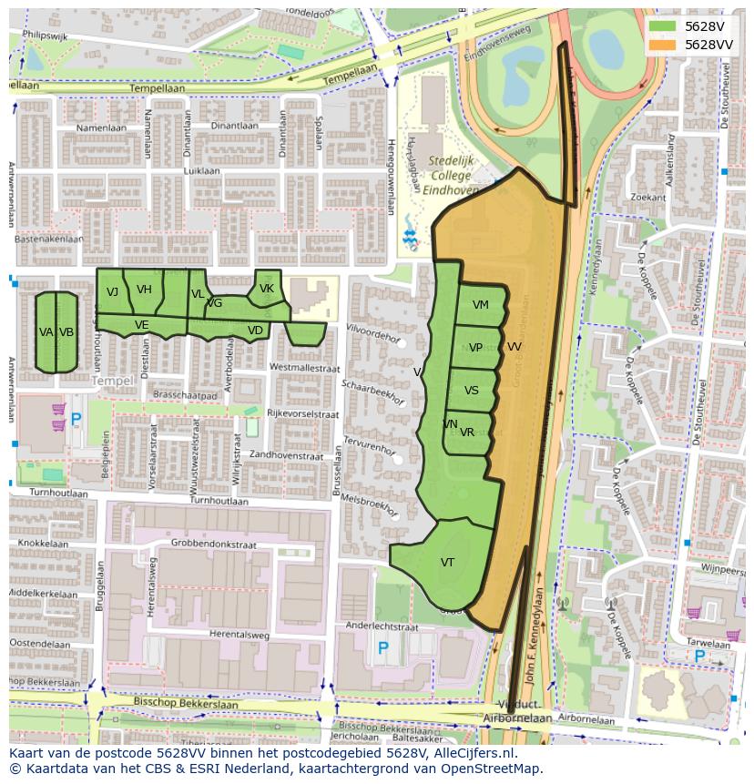 Afbeelding van het postcodegebied 5628 VV op de kaart.