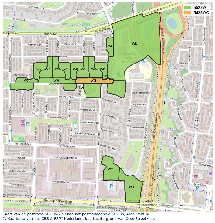 Afbeelding van het postcodegebied 5628 WG op de kaart.