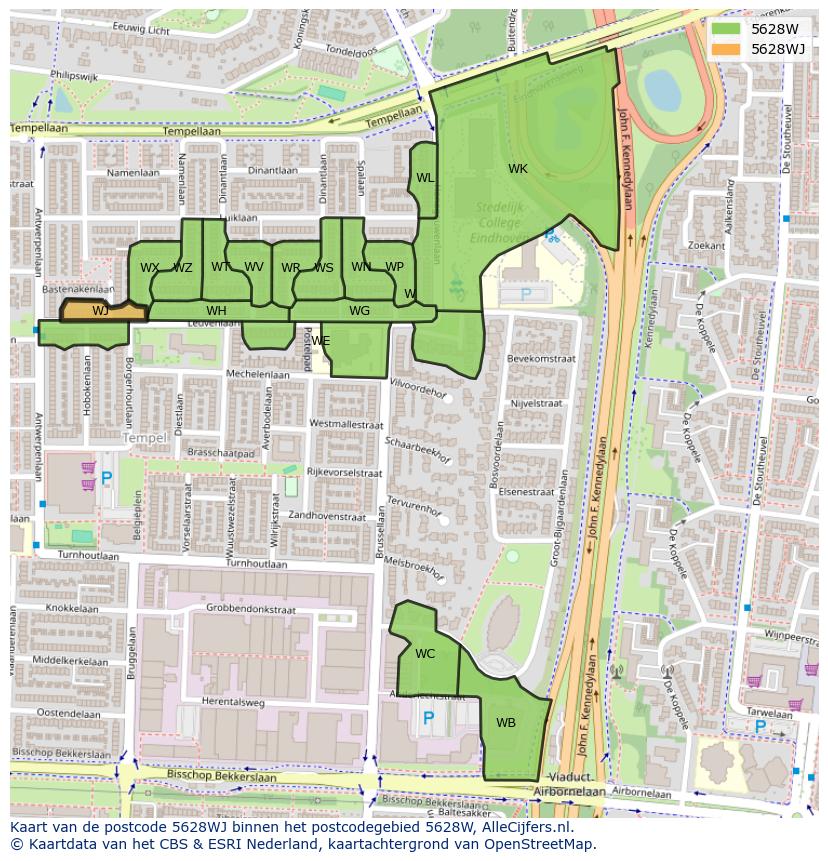 Afbeelding van het postcodegebied 5628 WJ op de kaart.