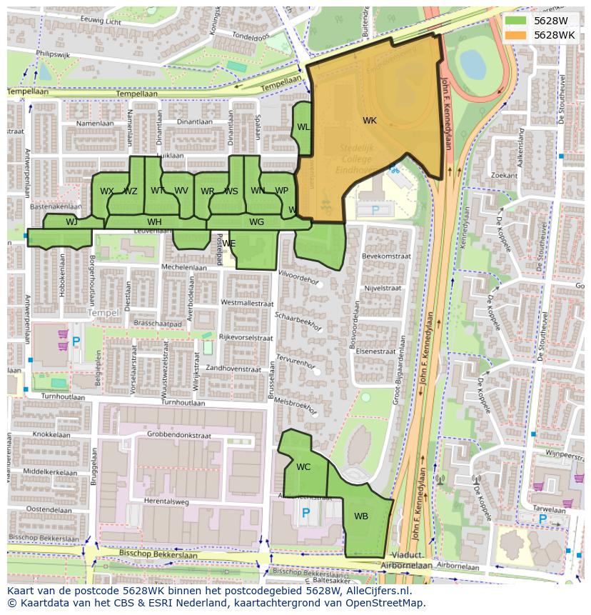 Afbeelding van het postcodegebied 5628 WK op de kaart.