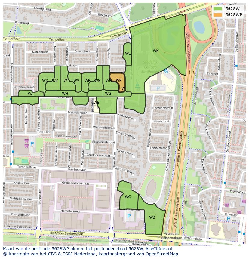 Afbeelding van het postcodegebied 5628 WP op de kaart.
