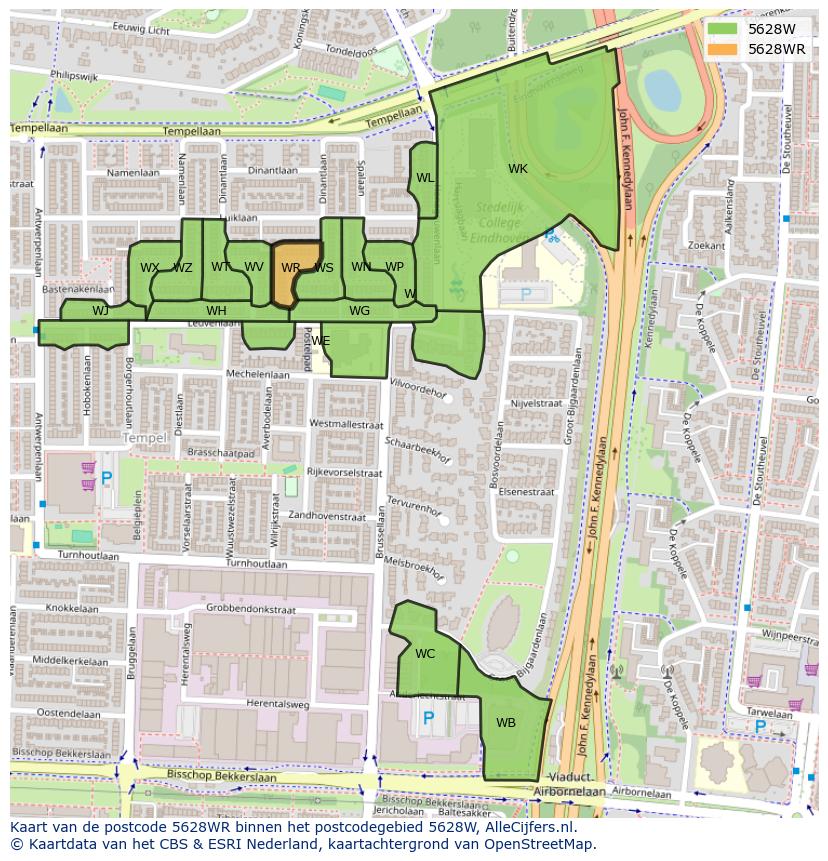 Afbeelding van het postcodegebied 5628 WR op de kaart.