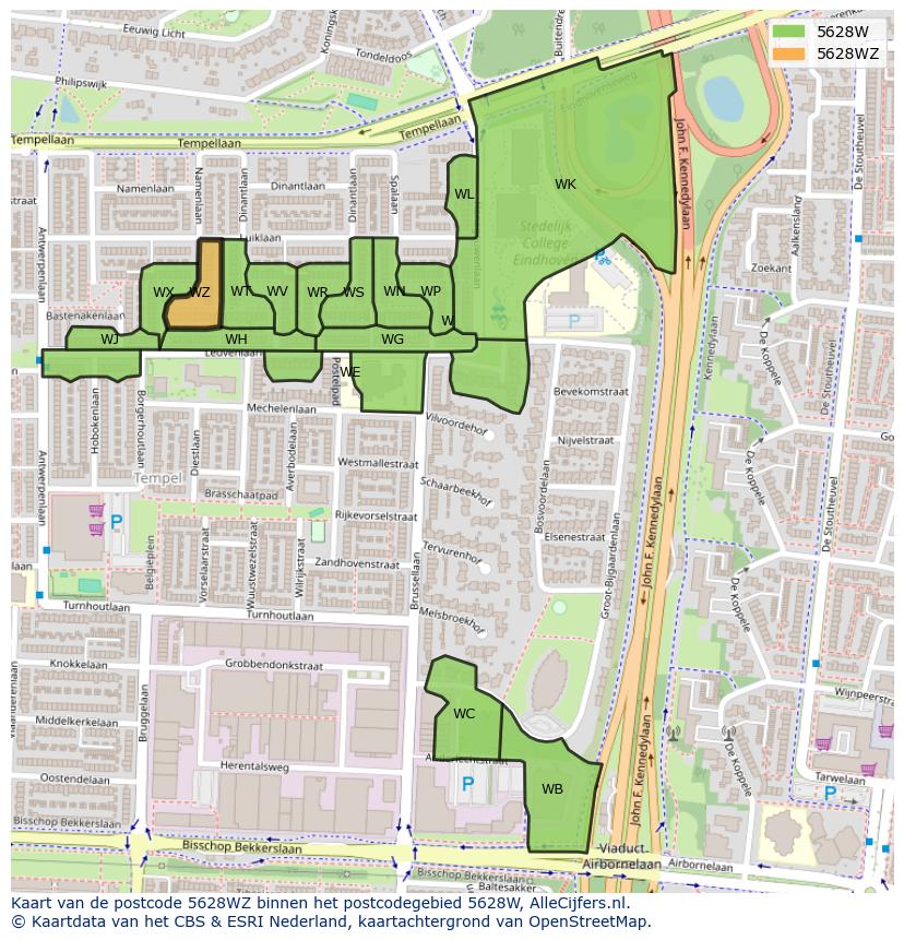 Afbeelding van het postcodegebied 5628 WZ op de kaart.
