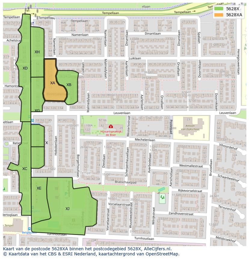 Afbeelding van het postcodegebied 5628 XA op de kaart.