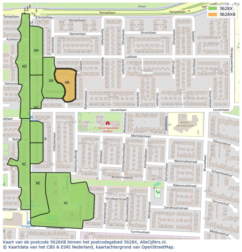 Afbeelding van het postcodegebied 5628 XB op de kaart.