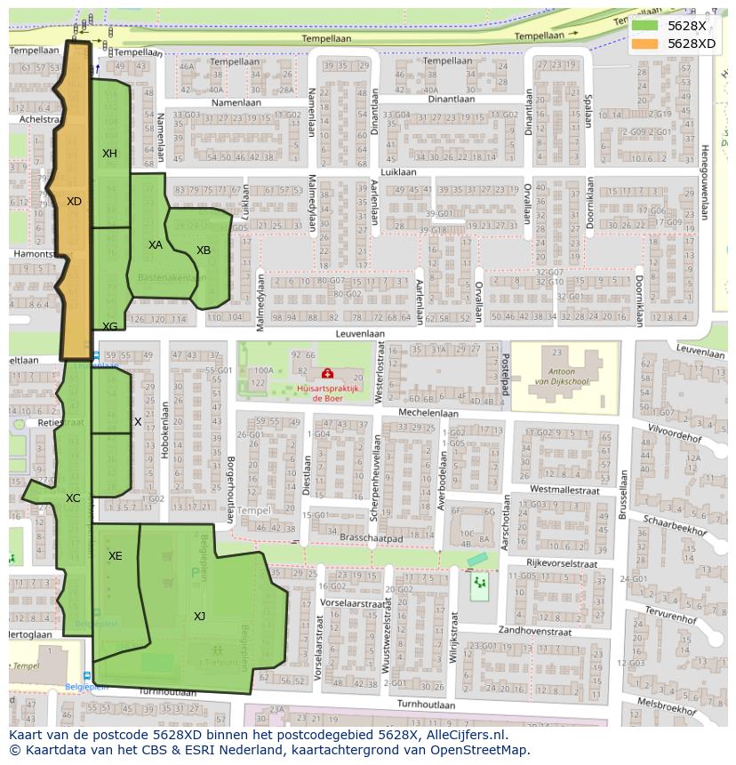 Afbeelding van het postcodegebied 5628 XD op de kaart.