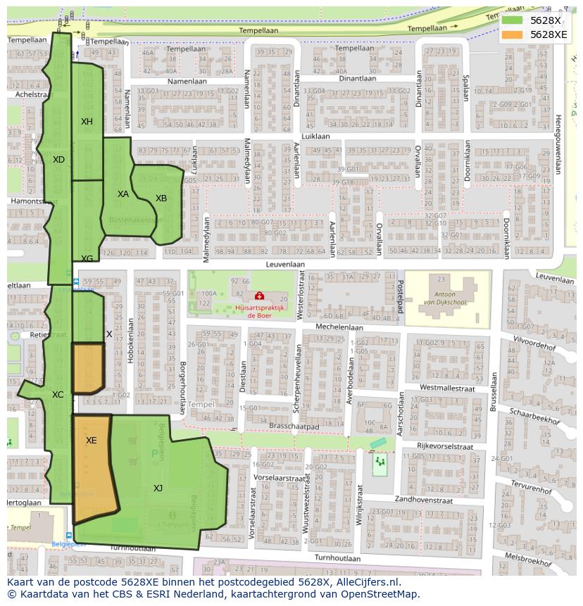 Afbeelding van het postcodegebied 5628 XE op de kaart.