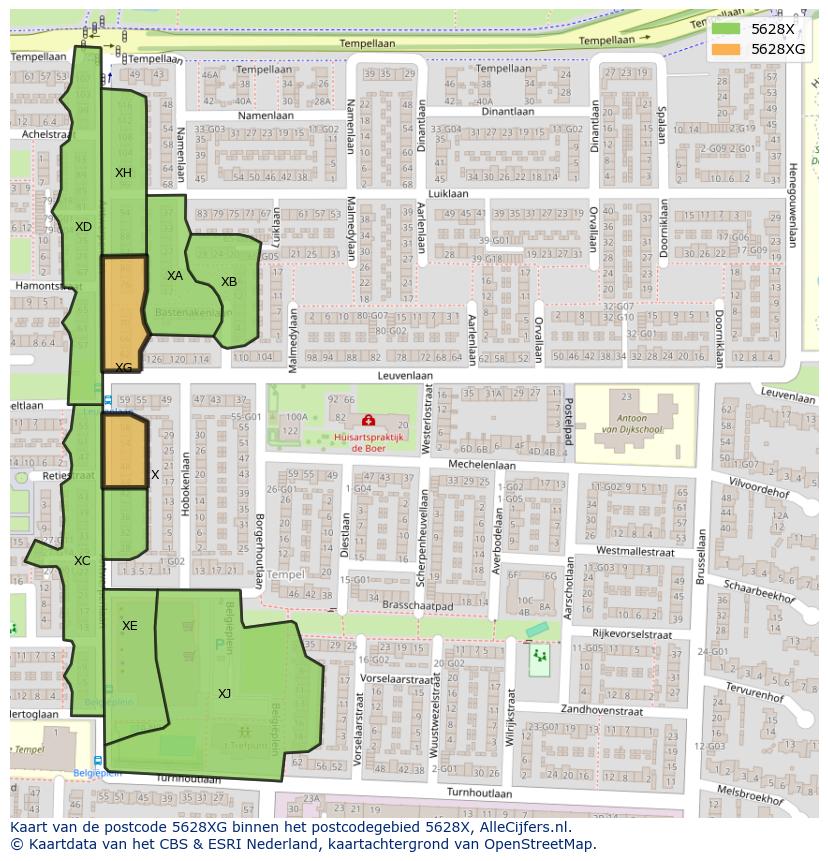 Afbeelding van het postcodegebied 5628 XG op de kaart.