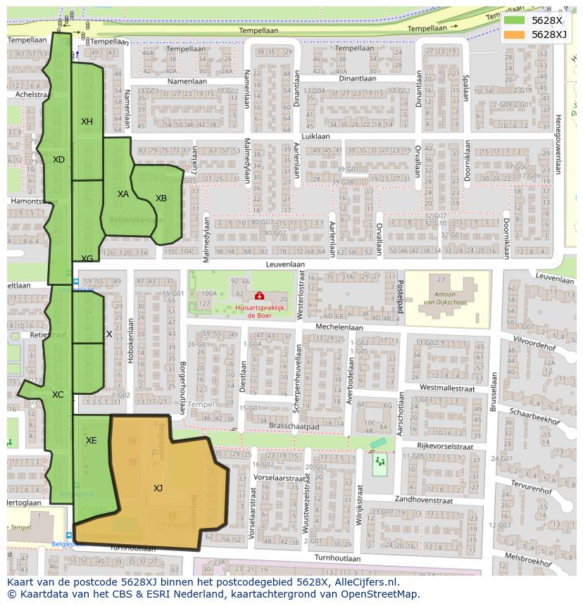 Afbeelding van het postcodegebied 5628 XJ op de kaart.