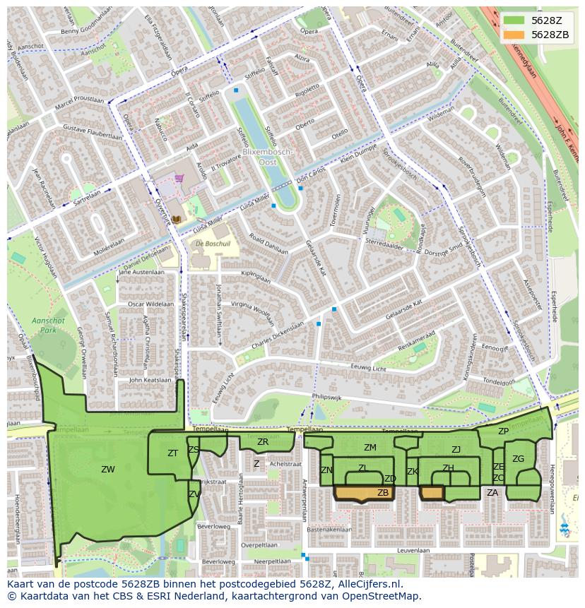 Afbeelding van het postcodegebied 5628 ZB op de kaart.