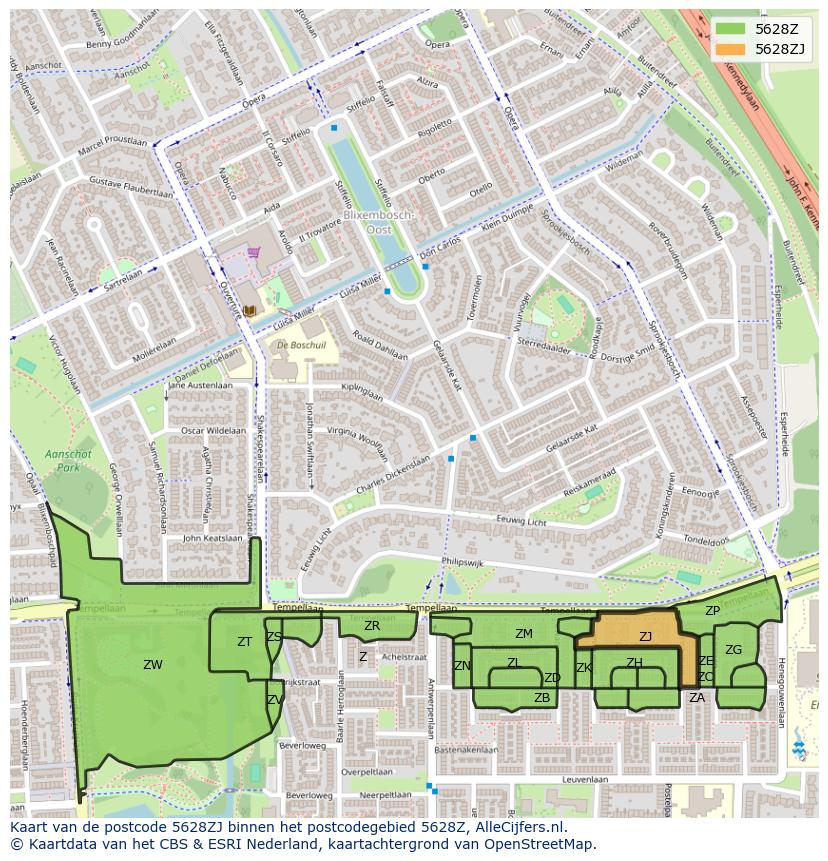 Afbeelding van het postcodegebied 5628 ZJ op de kaart.