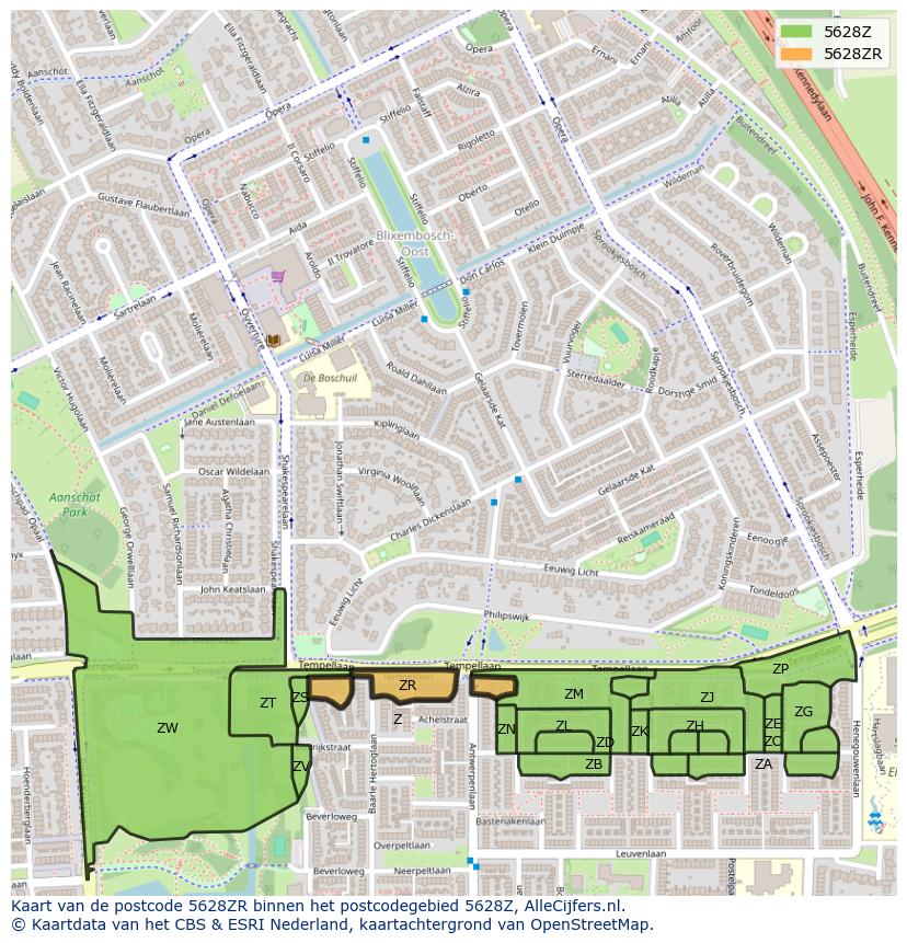 Afbeelding van het postcodegebied 5628 ZR op de kaart.