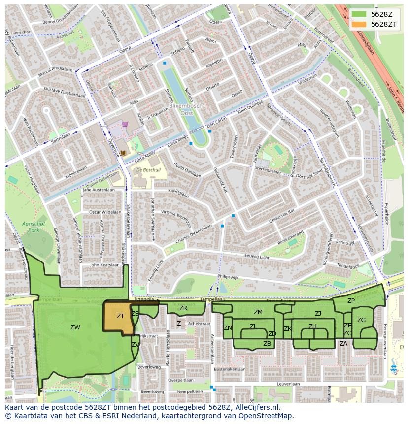 Afbeelding van het postcodegebied 5628 ZT op de kaart.