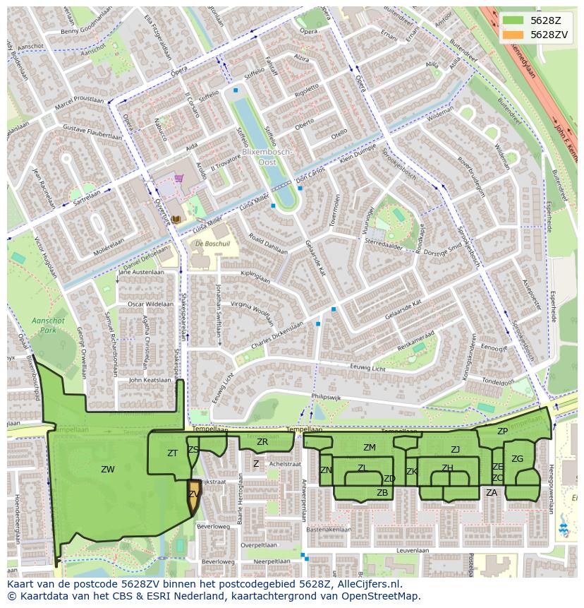 Afbeelding van het postcodegebied 5628 ZV op de kaart.