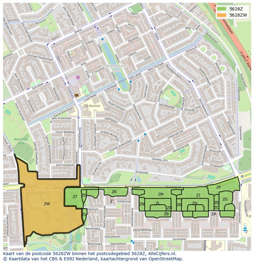 Afbeelding van het postcodegebied 5628 ZW op de kaart.