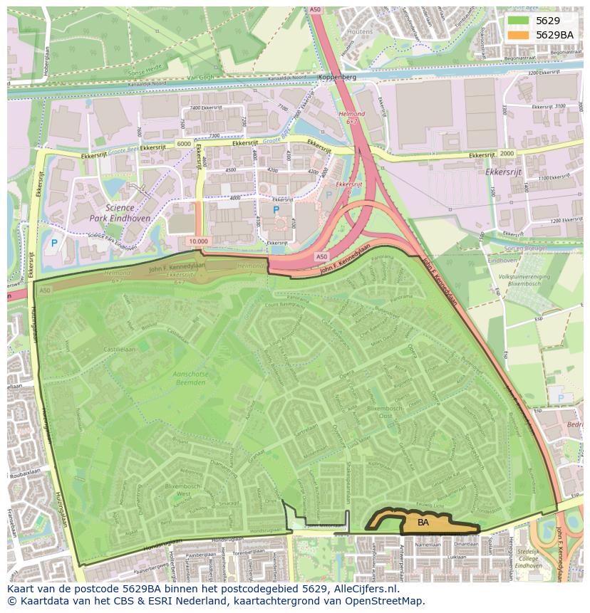 Afbeelding van het postcodegebied 5629 BA op de kaart.