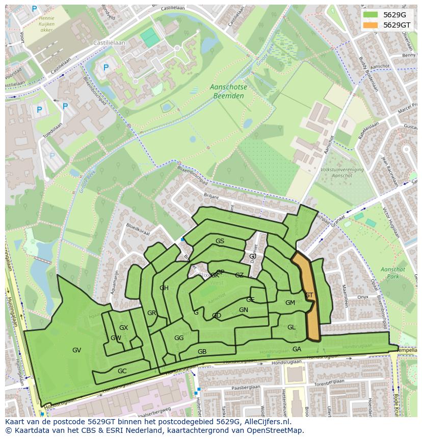 Afbeelding van het postcodegebied 5629 GT op de kaart.